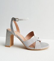 New Look Wide Fit Silver Glitter 2 Part Strappy Block Heel Sandals